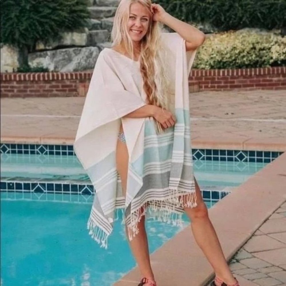 Tribe Alive Caftan Cover Up Fringe Hem Open Poncho One Size